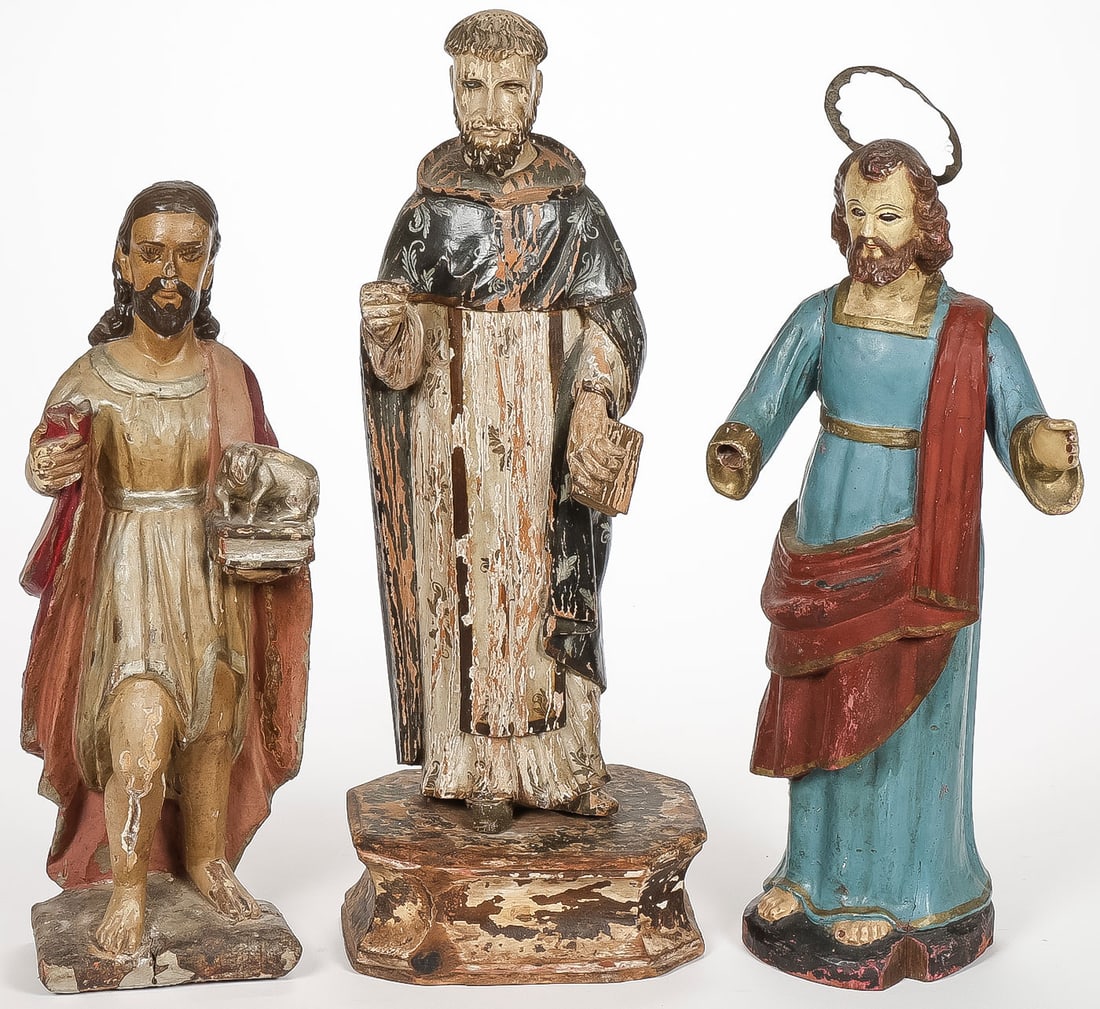3 LARGE CARVED WOOD SANTOS: 3 LARGE CARVED WOOD SANTOS. Comprising three carved and polychrome wood santos, probably Guatemalan, including Saint John the Baptist, a Dominican saint, and likely Saint Joseph. Greatest height 20.75