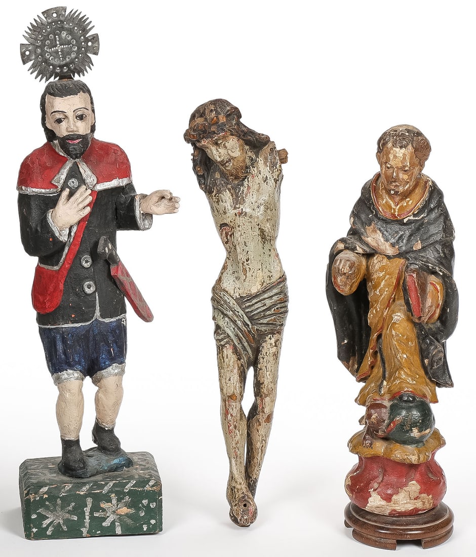 3 VINTAGE CARVED SANTOS: 3 VINTAGE CARVED SANTOS. Comprising three carved and polychrome wood santos, probably Guatemalan, 19th century, including a male saint with sword and pierced tin halo, a figure of Saint Dominic, and