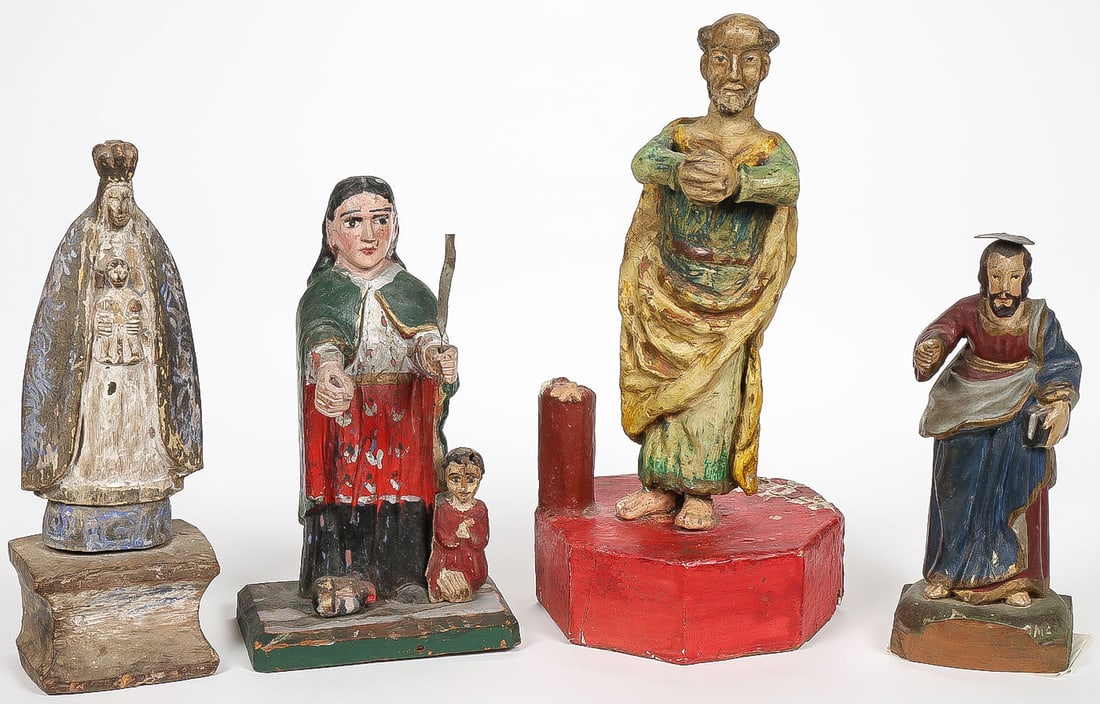 FOUR VINTAGE CARVED WOOD SANTOS: FOUR VINTAGE CARVED WOOD SANTOS. Comprising four carved and polychrome wood santos, likely Central American or Filipino, including a figure of the Madonna and Child, a female saint holding a sword wi