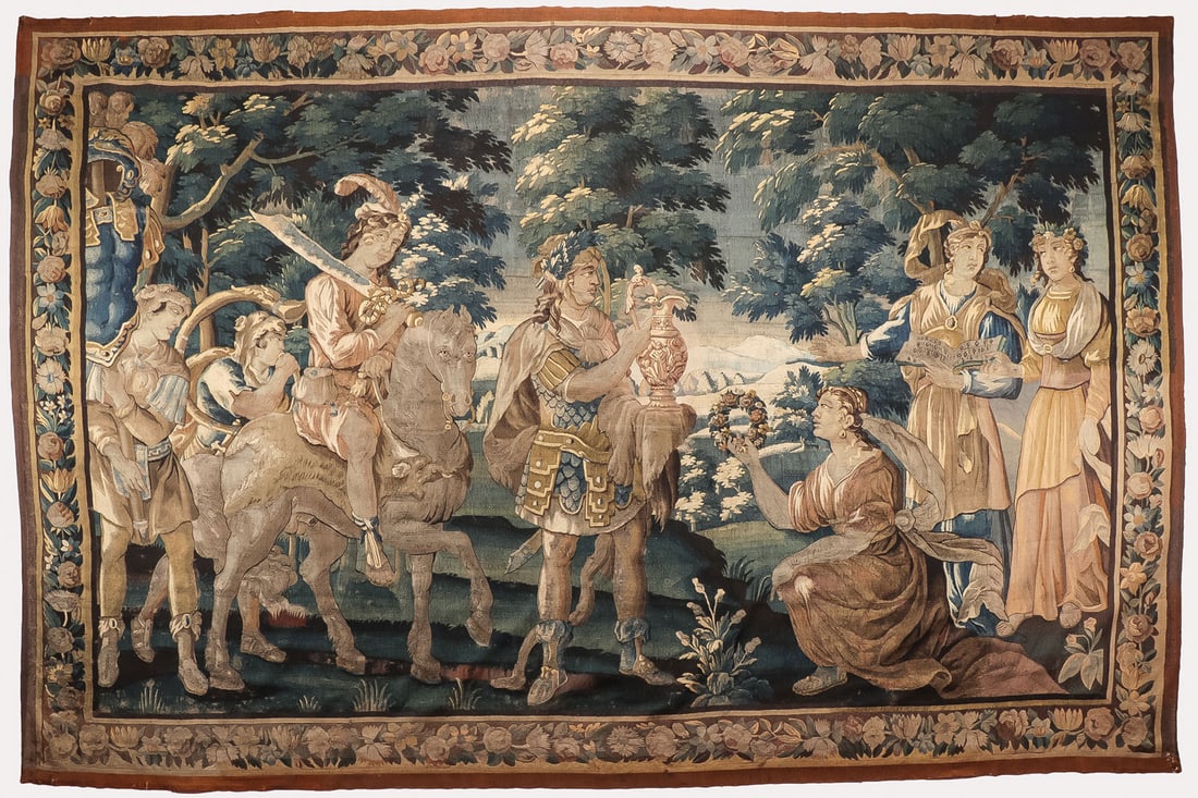 IMPRESSIVE FLEMISH HISTORICAL TAPESTRY, 17th C: IMPRESSIVE FLEMISH HISTORICAL TAPESTRY, 17th C. Comprising a large and impressive finely woven Flemish tapestry illustrating the Triumph of Alexander, c. 1650, and depicting a retinue of triumphant wa