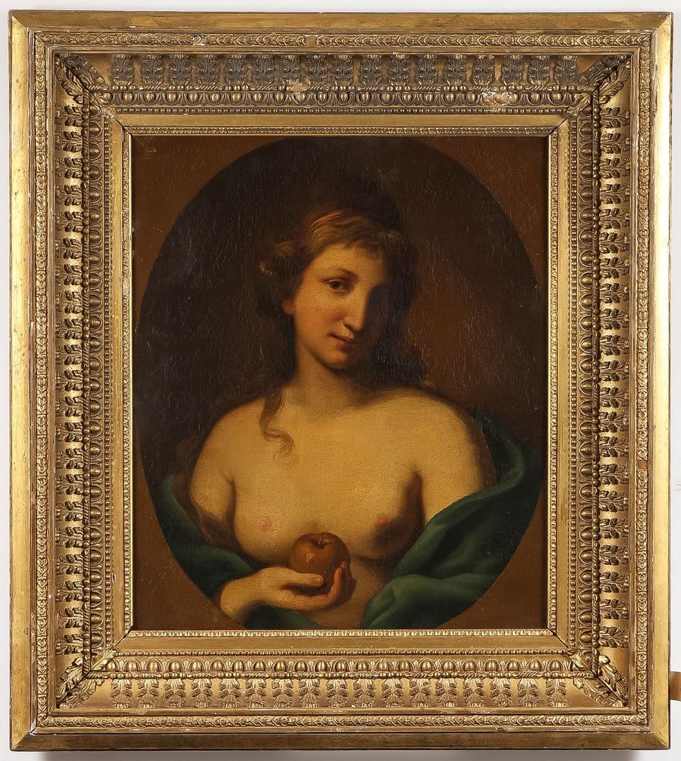 GOOD OLD MASTER PAINTING, C. 1780: ANGELICA KAUFFMAN (Swiss 1741-1807)Portrait of a Young Woman as Eve - circa 1780Oil on canvasUnsigned24.25 x 20.25 inches (61.5 x 51.5cm). Overall, including frame 34.5 x 31 inches (87 x 78cm)
