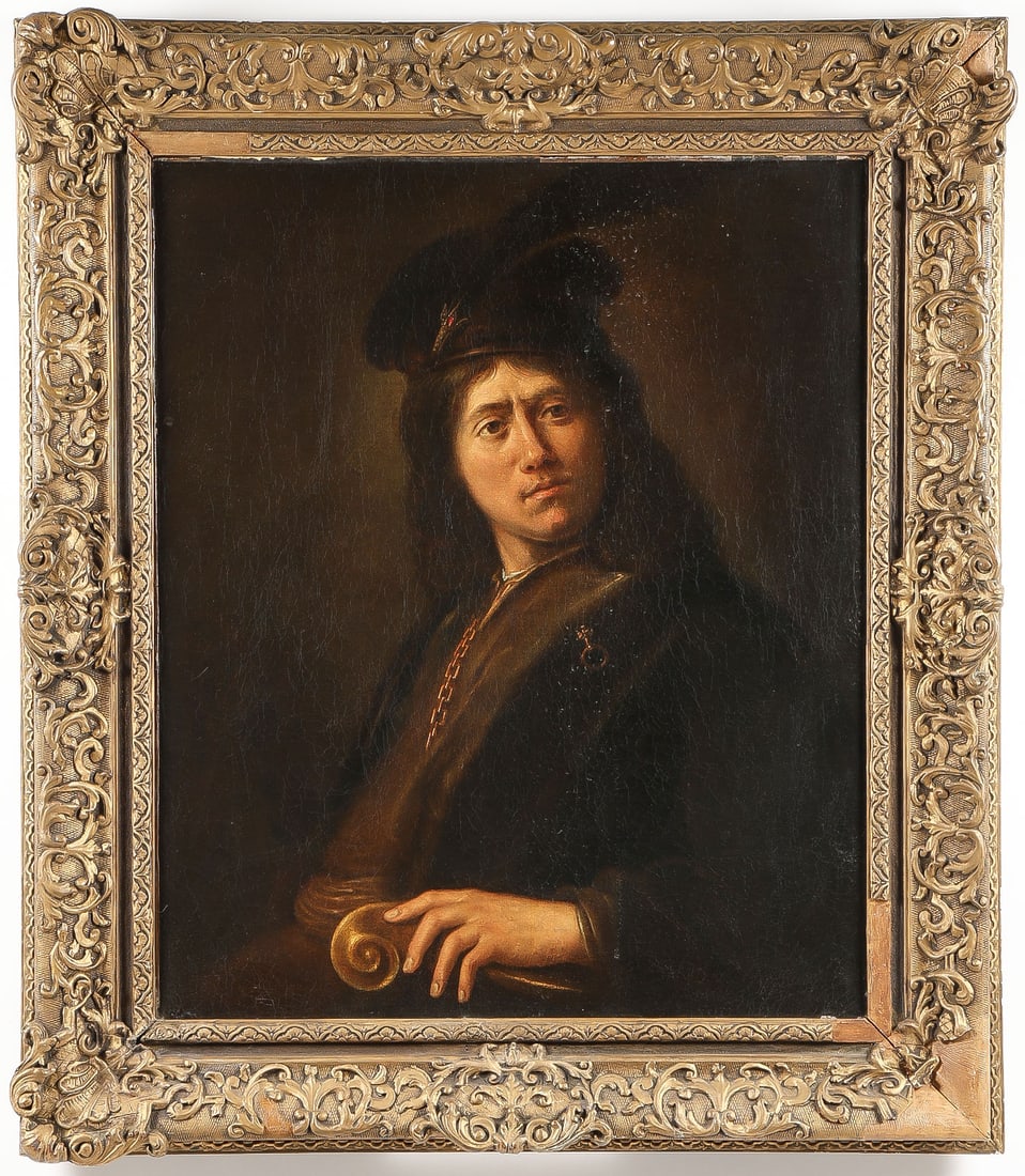 OLD MASTER PAINTING, 17th CENTURY: Circle of JAN VICTORS (Dutch 1619-1676)Young Man Wearing a Gold Chain and Feather Cap Oil on canvasApparently unsigned30.25 x 25 inches (76 x 63cm). Overall, including frame 39 x 33.25 inches (98.5 x