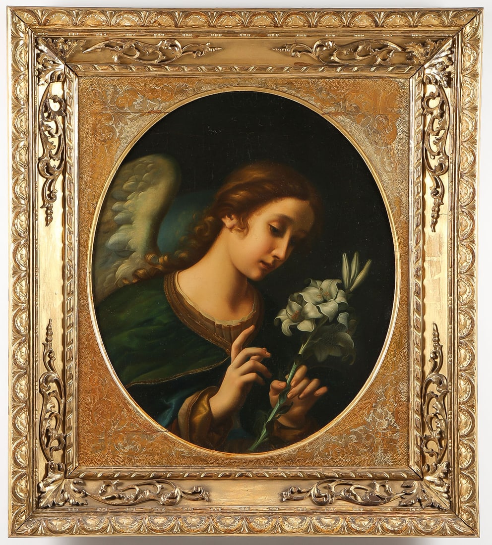 GREAT OLD MASTER ANGEL PAINTING, 19TH C: After CARLO DOLCI (Italian 1616-1686)The Archangel Gabriel of the Annunciation - circa 1880Oil on canvasUnsigned28 x 23.5 inches (71.3 x 60cm). Overall, including ornate gilt frame with oval apertur