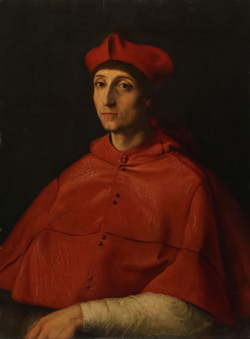 OLD MASTER OIL ON WOOD PANEL AFTER RAPHAEL: After RAPHAEL (Italian 1483-1520)Portrait of a Cardinal Oil on chamfered wood panelUnsigned30.25 x 22.75 inches (77 x 58cm) unframedThe offered lot repeats the composition held by the Muse