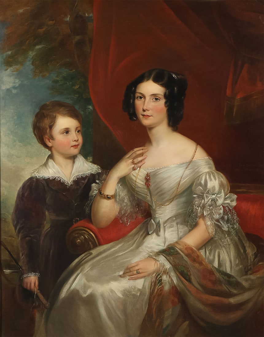 GREAT OIL PAINTING ATTRIB TO BEECHEY: Attributed to SIR WILLIAM BEECHEY (British 1753-1839)Portrait of Lady Georgiana Bertie and her Son Charles - circa 1835Oil on canvasInscribed mid right "Lady Georgiana Bertie Wife of Frederic Bertie