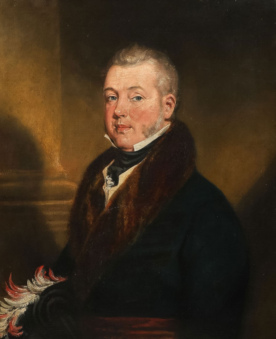 SIGNED & DATED ENGLISH PORTRAIT, 1825: WILLIAM HAVELL (British 1782-1857)Portrait of a Seated Gentleman with Red Feathered Sash and Fur - 1825Oil on canvasSigned and dated mid right "W. HAVELL 1825"30 x 25 inches, overall including frame