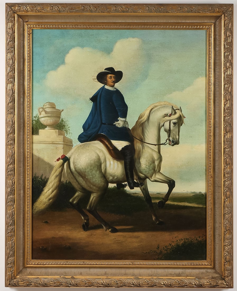 LARGE IMPRESSIVE EQUESTRIAN PORTRAIT: LARGE IMPRESSIVE EQUESTRIAN PORTRAIT. Comprising a large and impressive oil on canvas equestrian portrait painting, depicting a nobleman in a blue cloak and black hat riding a white horse, likely 20th