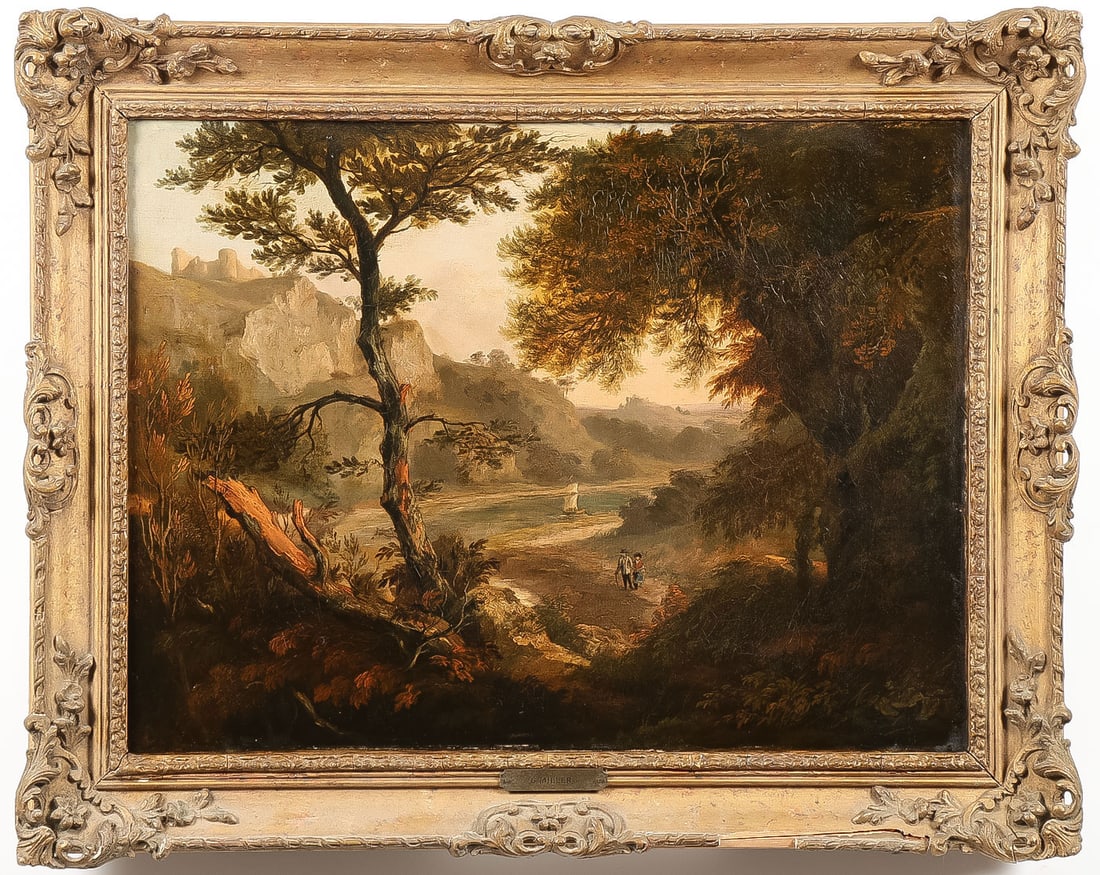 19TH CENTURY ENGLISH LANDSCAPE: ENGLISH SCHOOL (19th Century)Figures in an Expansive River Landscape with Distant Castle - circa 1830Oil on canvasApparently unsigned18 x 24 inches (45.5 x 61cm). Overall, including frame 23.25 x 29