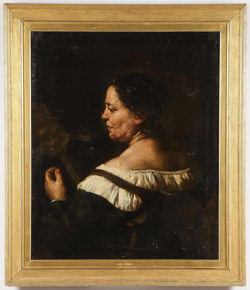 FINELY EXECUTED OIL PAINTING, 19TH C: After PIER FRANCESCO MOLA (Italian 1612-1666)The Spinner Oil on canvasApparently Unsigned. Verso with old hand inscribed paper label, "Old Woman with Distaff painted by Alice Mary Collins-Wood B.1851-