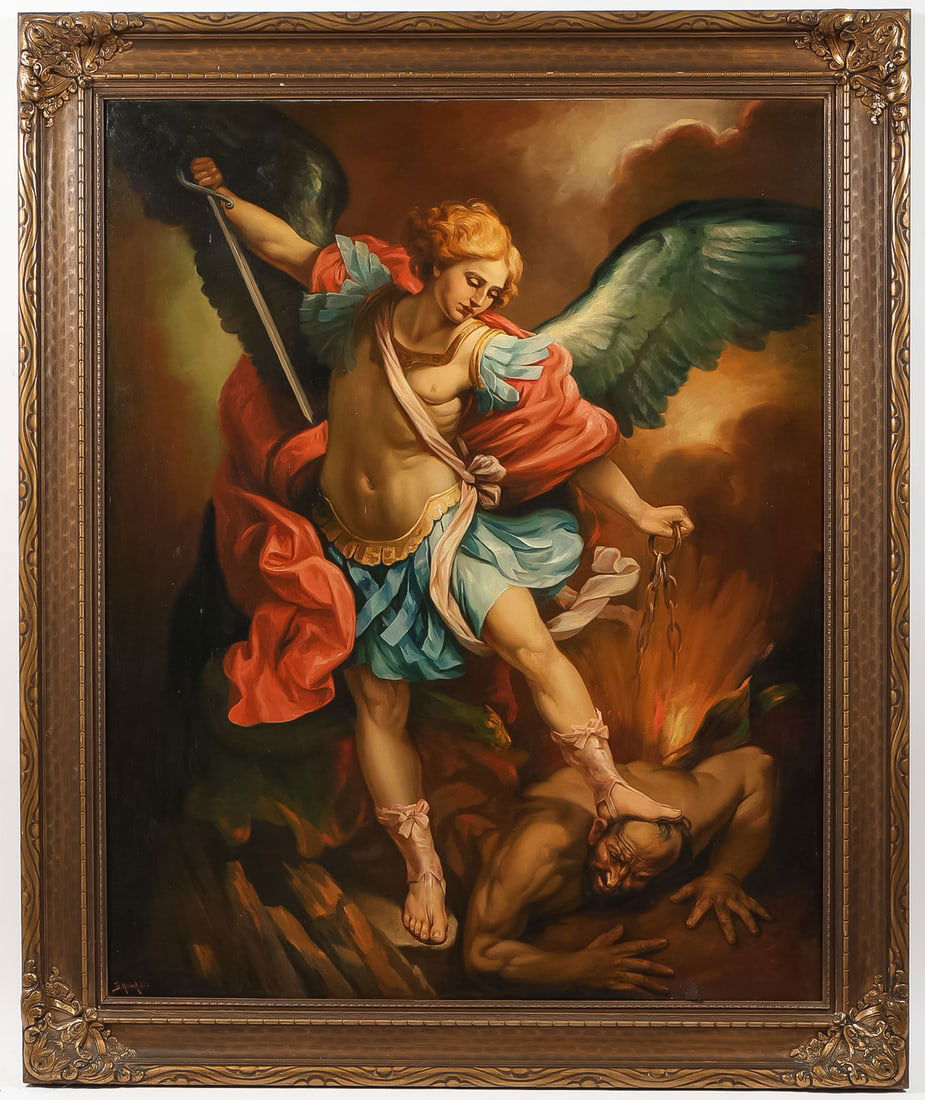 LARGE ARCHANGEL MICHAEL PAINTING, 19TH C: After GUIDO RENI (Italian 1575-1642)The Archangel Michael Defeating Satan - circa 1880Oil on canvasSigned lower left by copyist D. Hensel50 x 40 inches (127 x 101.6cm) Overall, including frame 58.75
