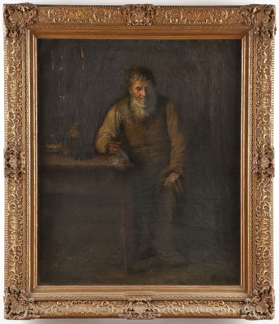 SIGNED GERMAN PAINTING, 19TH C: PHILLIP "PHIZ" MUHR (German/American 1860-1916)Interior Scene with Man and Cat Oil on canvasSigned lower right "Phiz Muhr"31.5 x 25.25 inches (79.8 x 64.2cm). Overall, including ornate press molded g