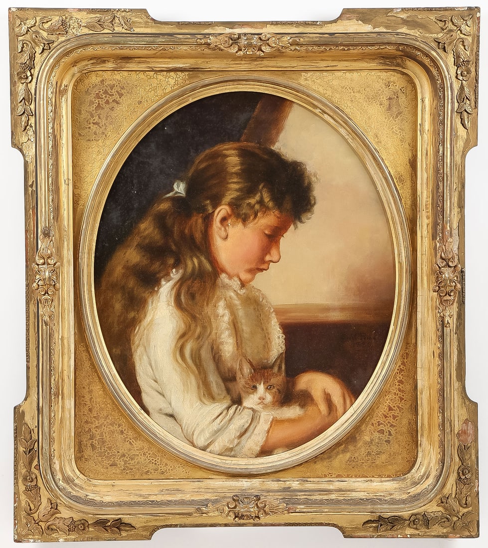 CHARMING SIGNED AND DATED PAINTING, 1880: E.M. PRICE (British 19th Century)Girl with Kitten Oil on canvasSigned and dated lower right E.M. Price 188024 x 20 inches (61 x 51cm). Overall, including frame 33 x 29 inches (84 x 73.6cm)