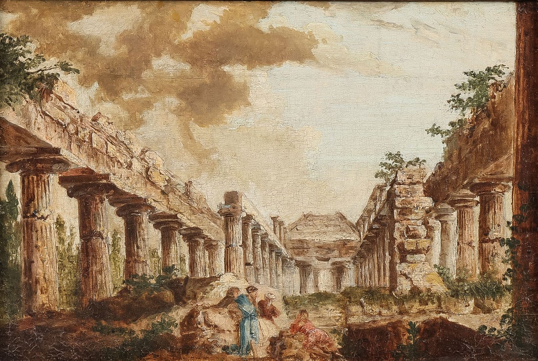 ATTRACTIVE ITALIAN CAPRICCIO, 18th C: ITALIAN SCHOOL (18th/19th century)View of the Temple of Jupiter at Paestum - circa 1780Oil on canvasApparently unsigned9.5 inches x 13 inches (24.1 x 33 cm). Overall including gilt frame 12.5 x 17 i