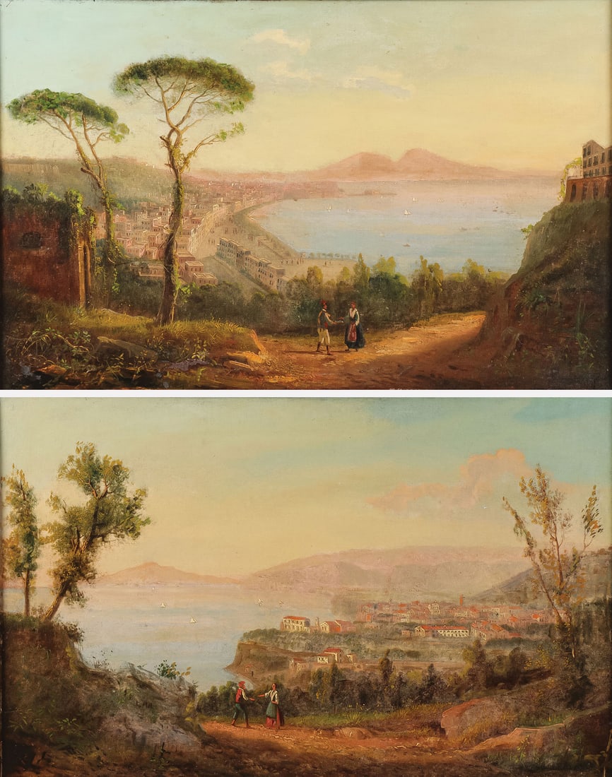 PAIR OF NEAPOLITAN PAINTINGS 19TH C: Attributed to ALESSANDRO VOLPE (Italian (1820-1887)Two Views of the Bay of Naples - a pair of paintings-circa 1850Oil on canvas laid downApparently unsignedEach 17 x 27 inches (43 x 68.5cm). Framed 2