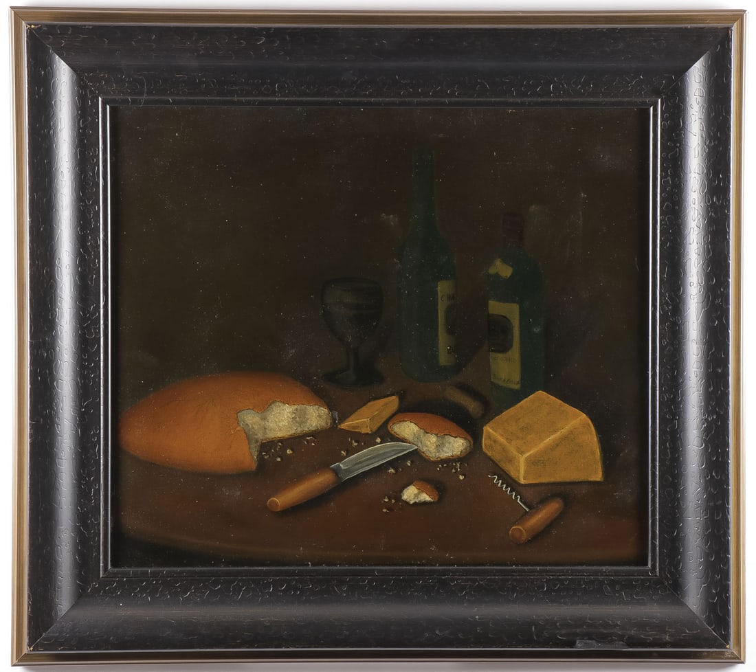 PRIMITIVE AMERICAN STILL LIFE: AMERICAN PRIMITIVE SCHOOL (19th/20th century)Still Life with Bread, Wine and Cheese Oil on canvas mounted on boardApparently unsigned24 x 28 inches, overall including frame 33.5 x 37.5 inches