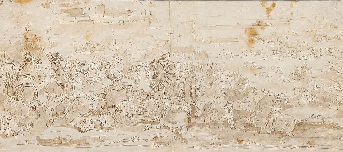OLD MASTER BATTLE SCENE PEN & INK: OLD MASTER BATTLE SCENE PEN & INK. Comprising a 16th century style battle scene in pen and ink wash on laid paper. Indistinguishably signed lower left (beneath mat) and contained in velvet lined glaze