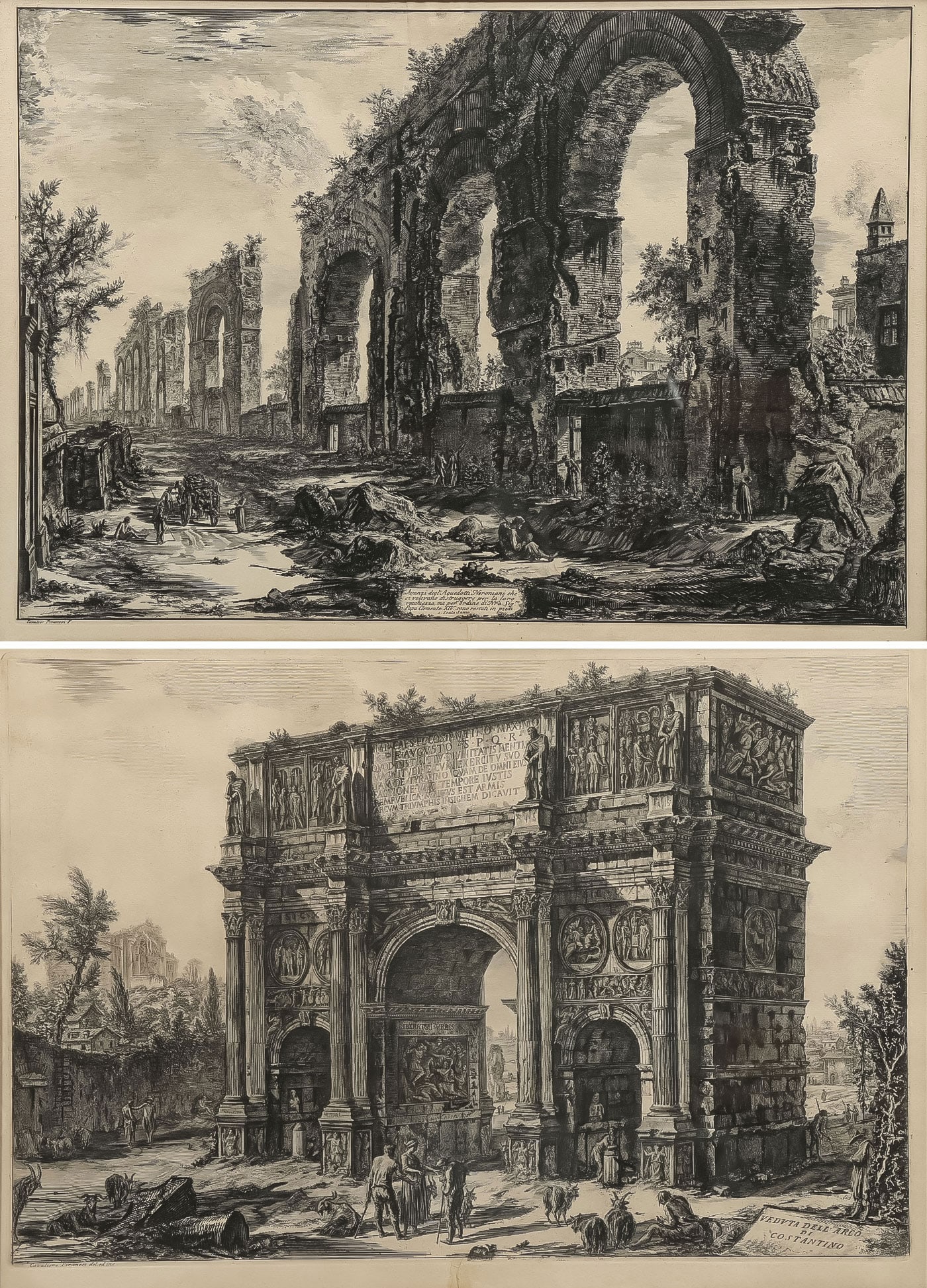 A PAIR OF PIRANESI ETCHINGS: A PAIR OF PIRANESI ETCHINGS. Comprising a pair of Giovanni Battista Piranesi (1720-1778) etchings. Including, "Veduta dell' Arco di Costantino" etching on laid paper, 19 x 27.25 inches (48.4 x 69.4cm