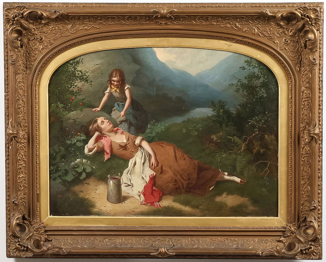 PRE-RAPHAELITE OIL PAINTING, BY MILLNER: WILLIAM EDWARD MILLNER (British 1849-1895)A Tickly Situation Oil on canvasSigned with monogram lower left18 x 24 inches (46 x 61cm). Overall, including frame 26.5 x 32.5 inches (66.5 x 82.5cm)<