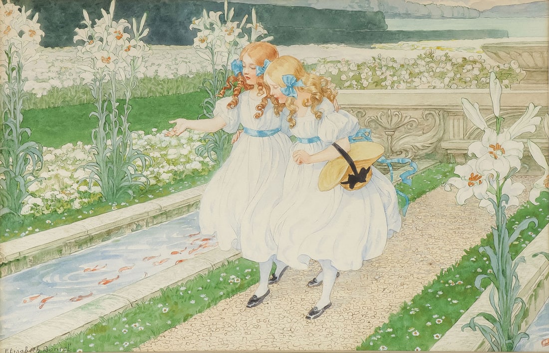 CHARMING ELISABETH SONREL PAINTING: ELISABETH SONREL (French 1874-1953)Two Girls near Koi Pond Amidst Lillies Watercolor and gouache over pencilSigned lower leftImage measures 12.5 x 19.5 inches (32 x 49.5cm). Overall, including glazed