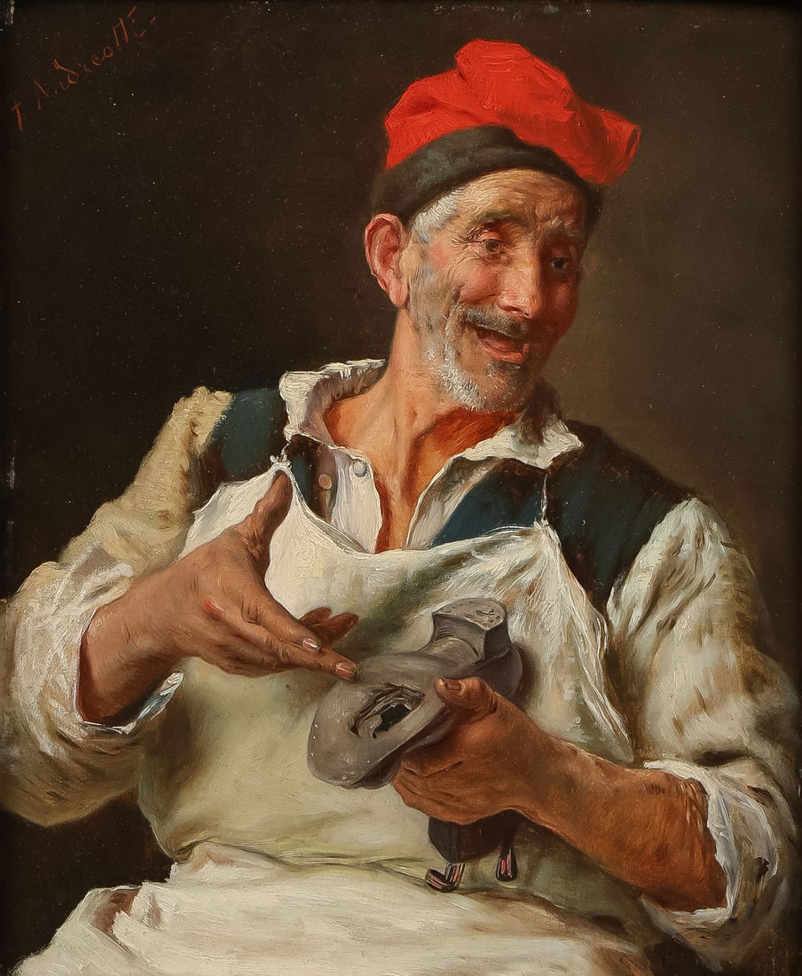 GREAT OIL PAINTING BY FREDERICO ANDREOTTI: FREDERICO ANDREOTTI (Italian 1847-1930)Time for a New Sole Oil on wood panelSigned upper left12.5 x 10.25 inches (31.8 x 26cm). Overall, including ornate gilt frame 24 x 22 inches (61 x 56cm)