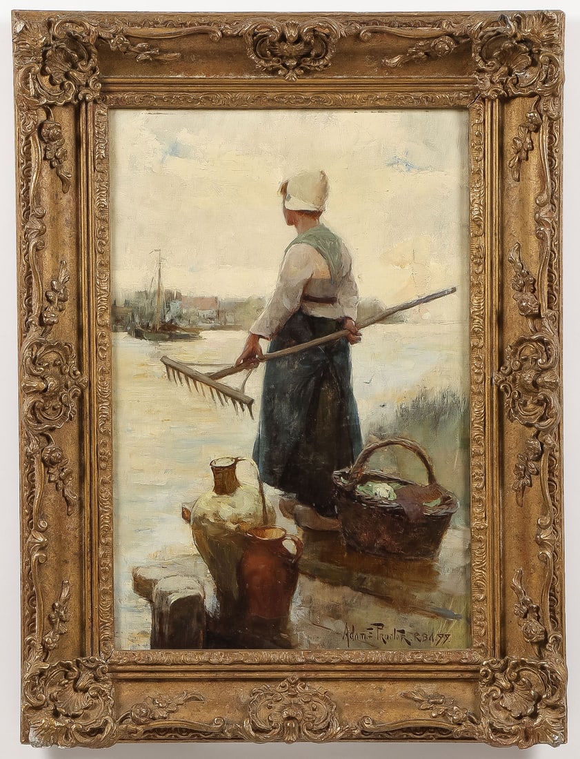 SIGNED ROYAL BRITISH ACADEMY PAINTING, 1899: ADAM EDWIN PROCTOR (English 1864-1913)Along the Shore -1899Oil on canvasSigned and dated 1899 lower right18 x 12 inches (46 x 30.5cm). Overall including frame 23.5 x 17.75 inches (60 x 45cm)