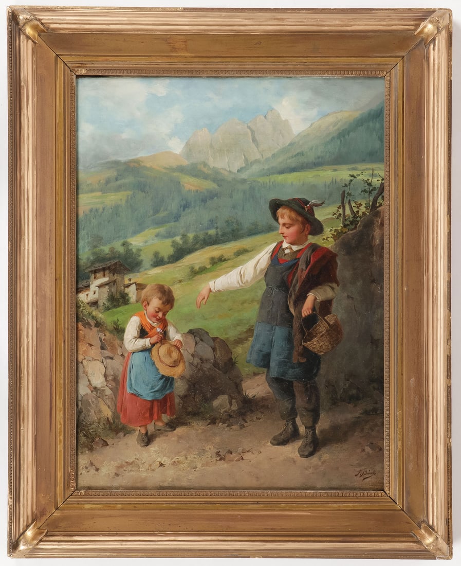 CHARMING AUSTRIAN GENRE PAINTING 19TH C: JOSEF BUCHE (Austrian 1848-1917)The Little Sister Oil on canvasSigned lower right17 x 13.5 inches (43 x 34.25cm), overall including frame 22 x 17.75 inches (55.75x 45cm)SHIPPING N