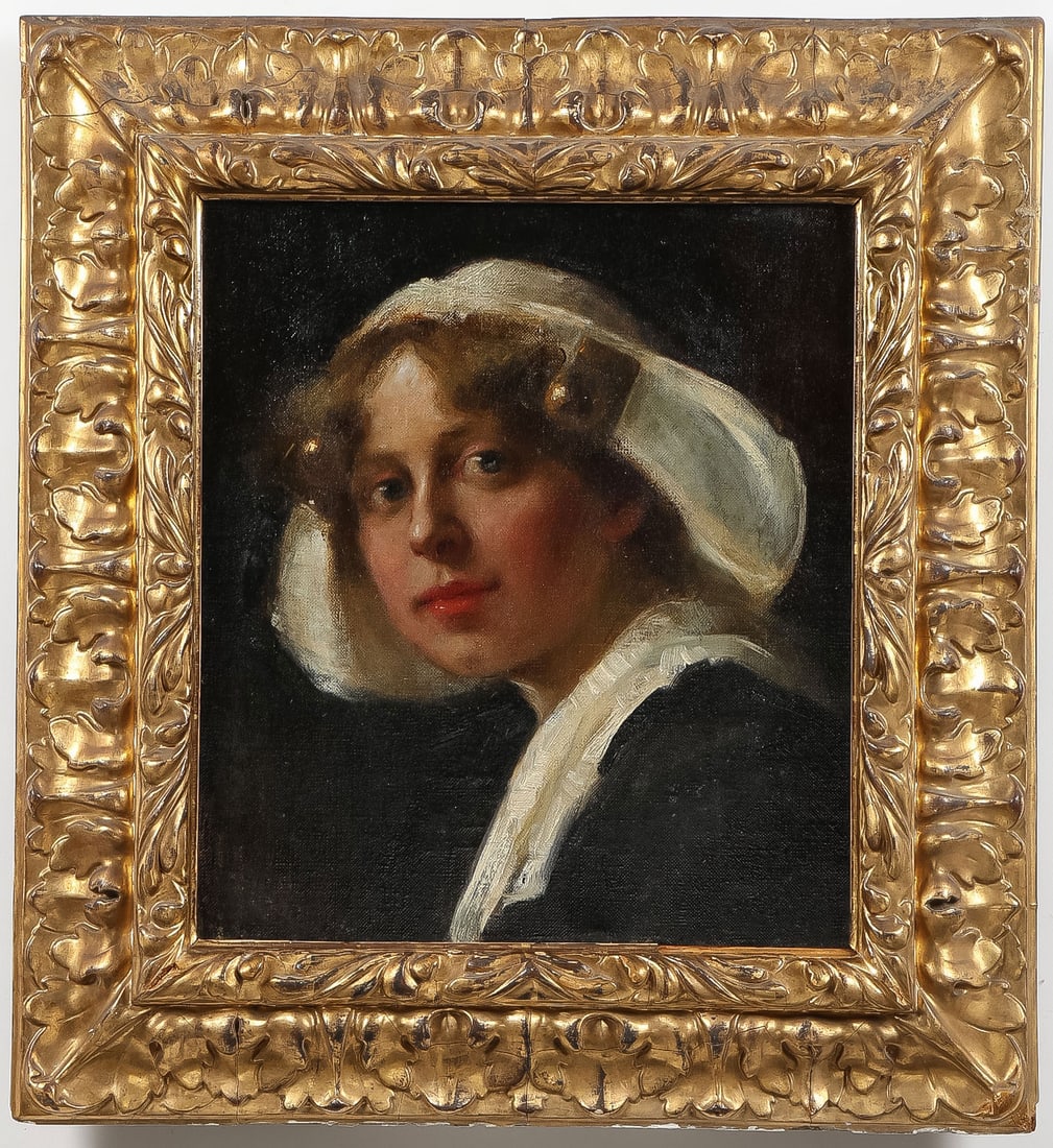 EXHIBITED MUNICH SCHOOL PAINTING, 1903: BETTY HELDRICH (German 1869-1931)Hollanderin Oil on canvasSigned lower left B. Heldrich and verso with German printed label for the Munich Annual Exhibition of 1903 in the Royal Glass Palace, Munich1