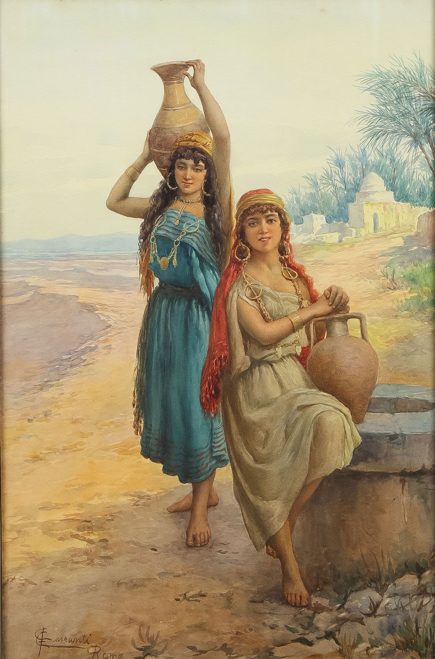 GREAT SIGNED ARAB GENRE PAINTING, 19TH C: CARLO FERRANTI (Italian 1840-1908)Water Carries WatercolorSigned lower left C. Ferranti-Roma21.5 x 14.5 inches (54.5 x 37cm) overall including vintage glazed frame 28.5 x 21.5 inches (72 x 54.5cm)