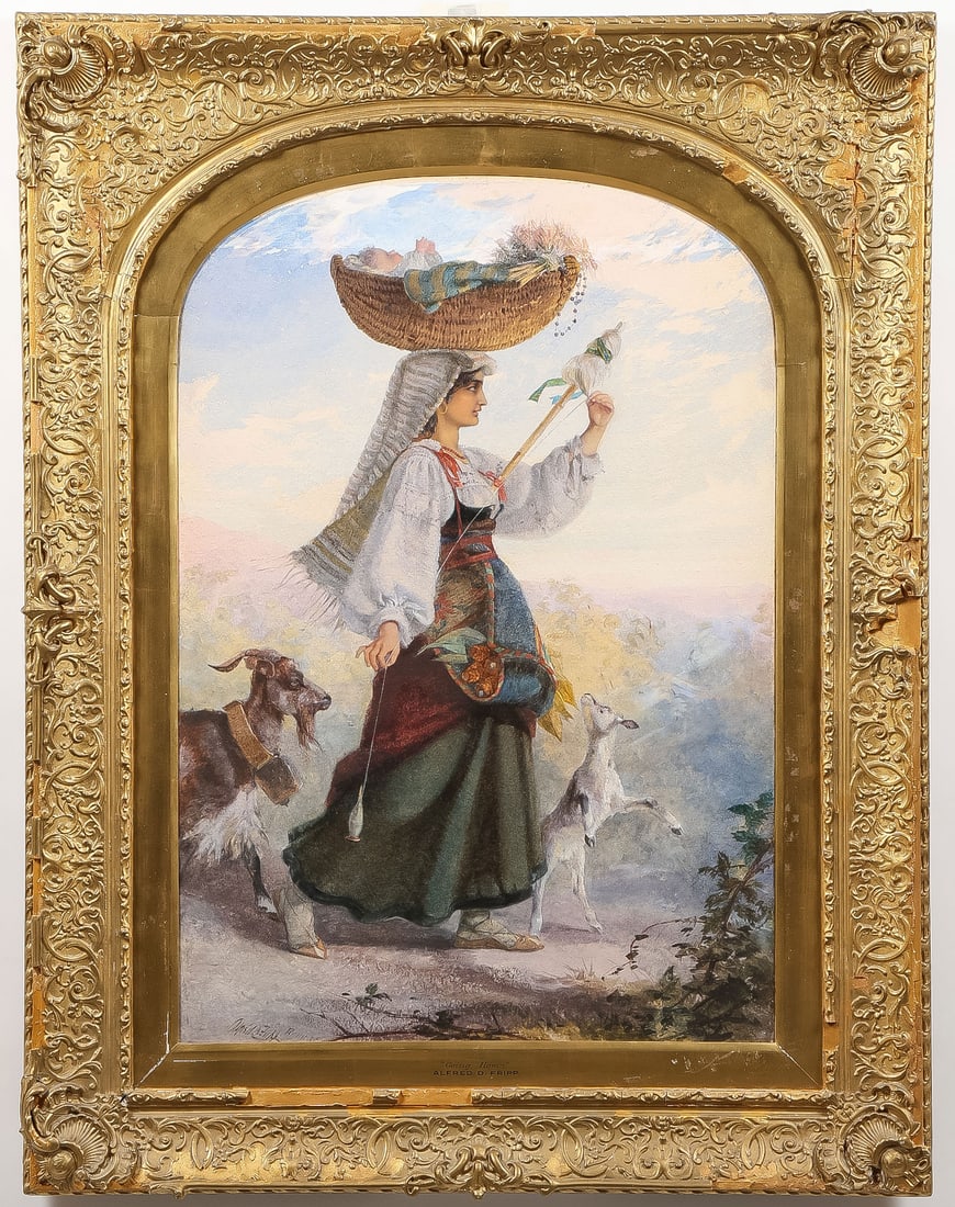 LARGE SIGNED & DATED BRITISH WATERCOLOR 1852: GEORGE ARTHUR FRIPP (British 1813-1896)Going Home -1852Watercolor on paperSigned and date lower left "Alfred D. Fripp Rome '52" and signed and titled on verso30 x 21 inches. Overall, including gilt