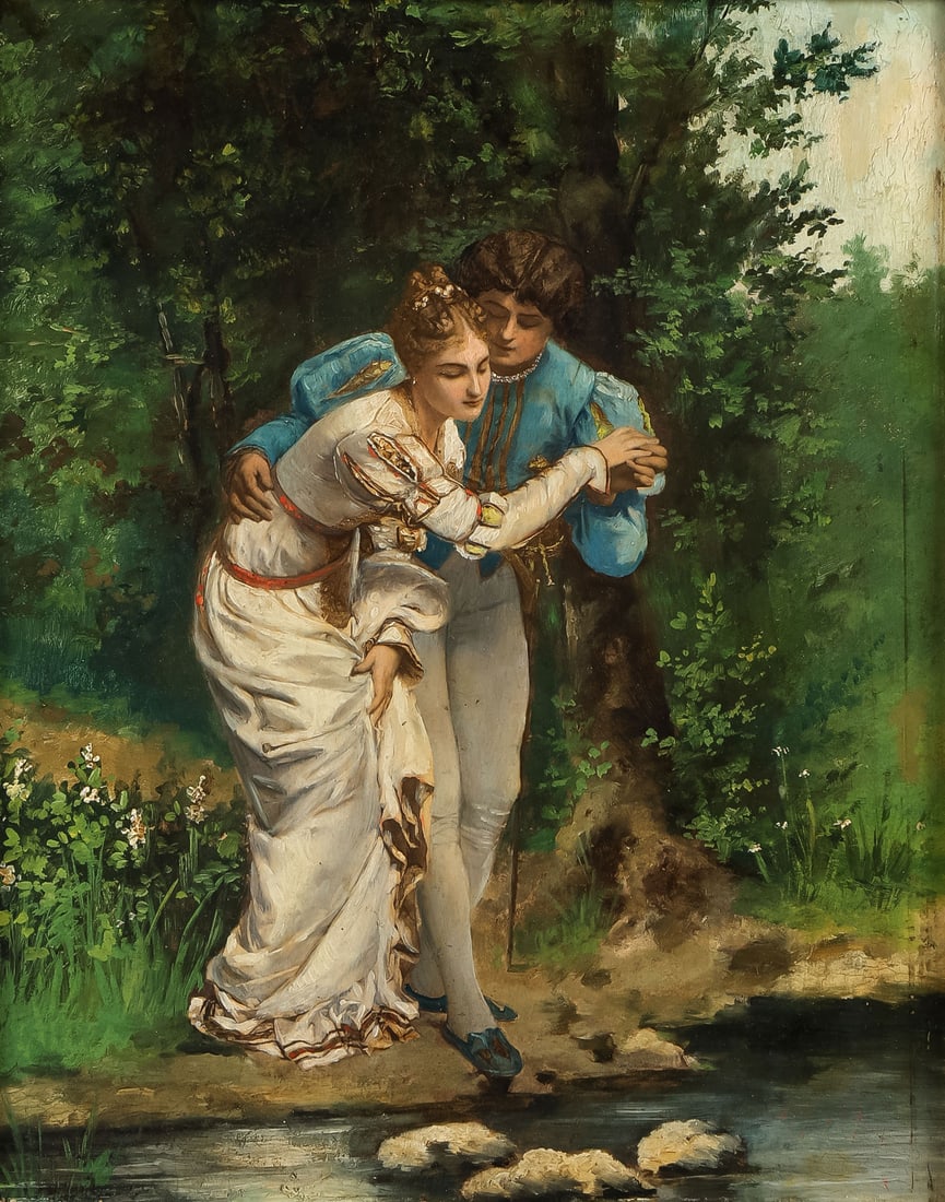 19TH CENTURY FRENCH ROMANTIC PAINTING: After ÉDOUARD DARVIOT (French 1859-1921)Crossing the Stream Oil on paper laid down on wood panelTrace signature lower right10.75 x 8.5 inches (27.4 x 21.6cm). Overall, including ornate frame 20.