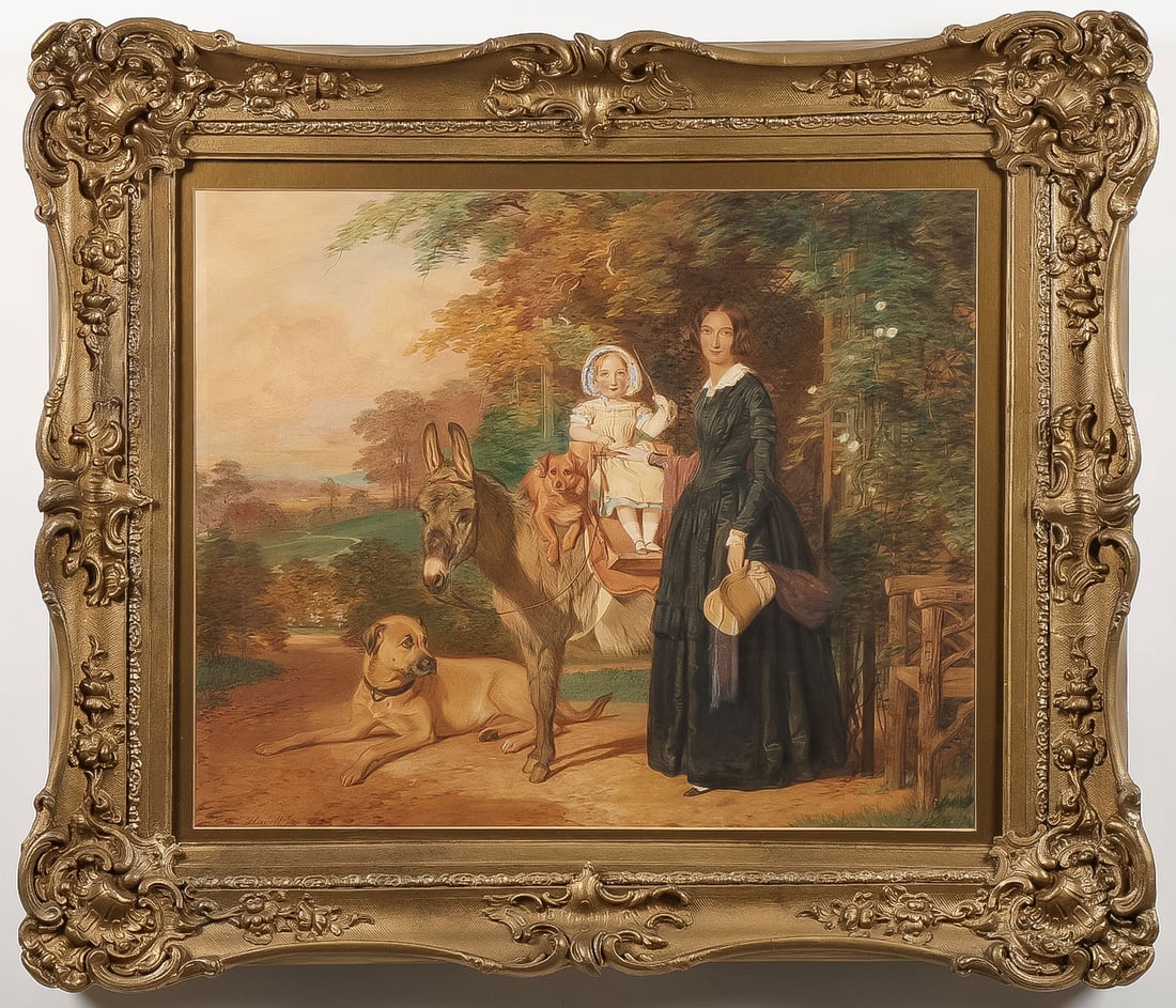 LARGE SIGNED & DATED BRITISH WATERCOLOR: EDMUND HAVELL THE YOUNGER (British 1819-1894)Mother and Child with Donkey and Dogs -1848Watercolor on paperSigned and dated lower left22.25 x 27.25 inches (56.5 x 69.3cm) visible. Overall, including