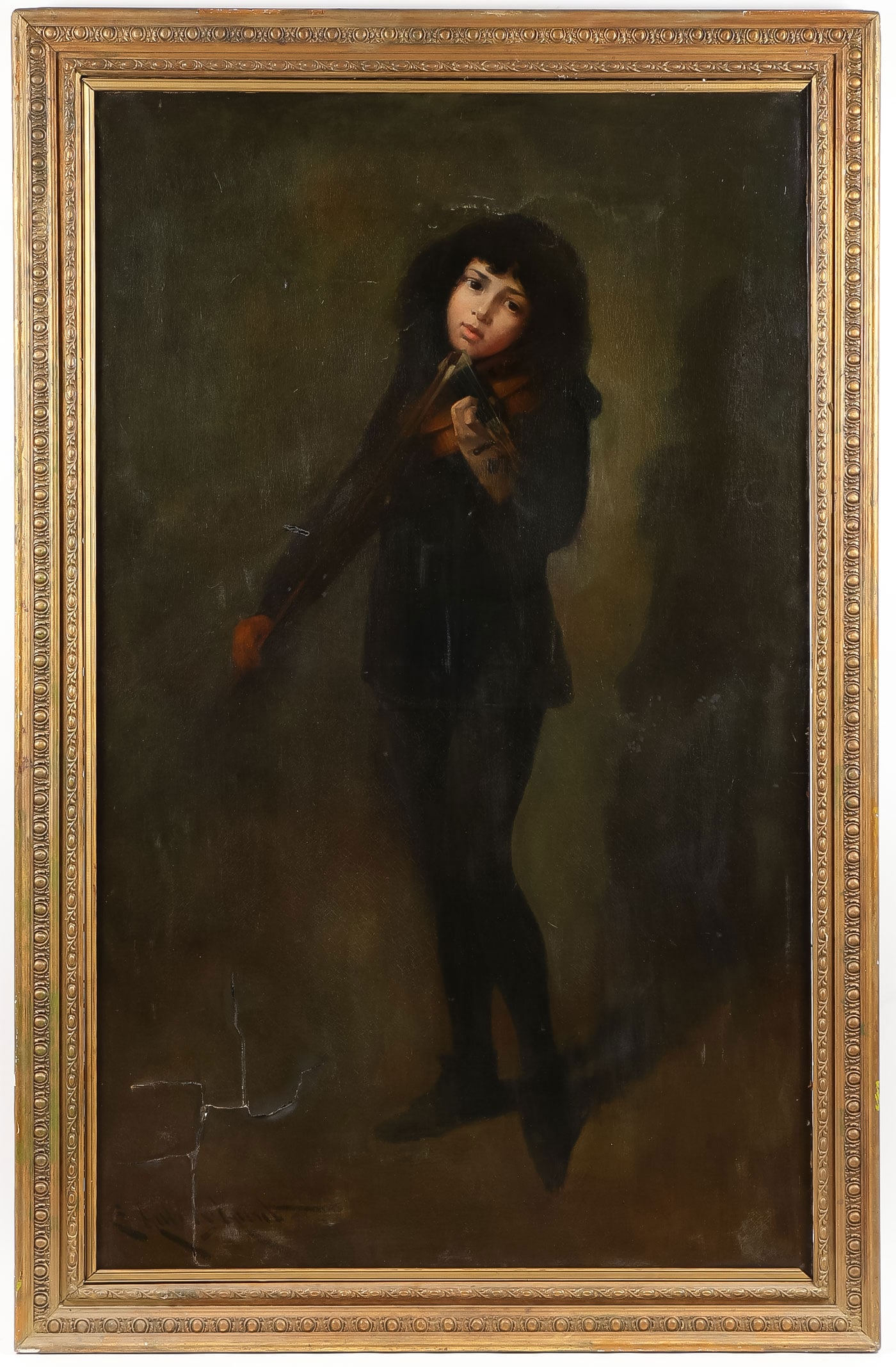 SIGNED EDMUND AUBREY HUNT: EDMUND AUBREY HUNT (American 1855 - 1922)The Young Violinist Oil on canvasSigned lower left E. Aubrey Hunt65.5 x 41.75 inches (152.3 x 88.9cm). Overall, including frame 65.5 x 41.75 inches (166.4 x 1
