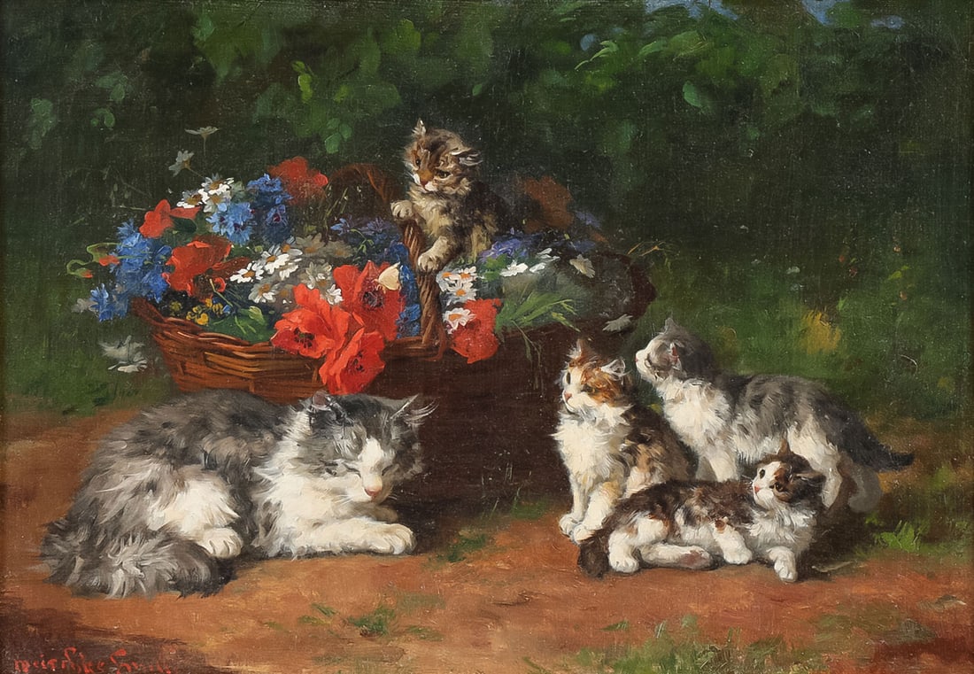 19TH CENTURY SIGNED CAT PAINTING: EUROPEAN SCHOOL (19th century)A Mother Cat with Kittens - circa1890Oil on canvasSigned lower left likely with pseudonym Mieschke-Smith(?)13 x 18 inches (33 x 45.7cm). Overall, including frame origin
