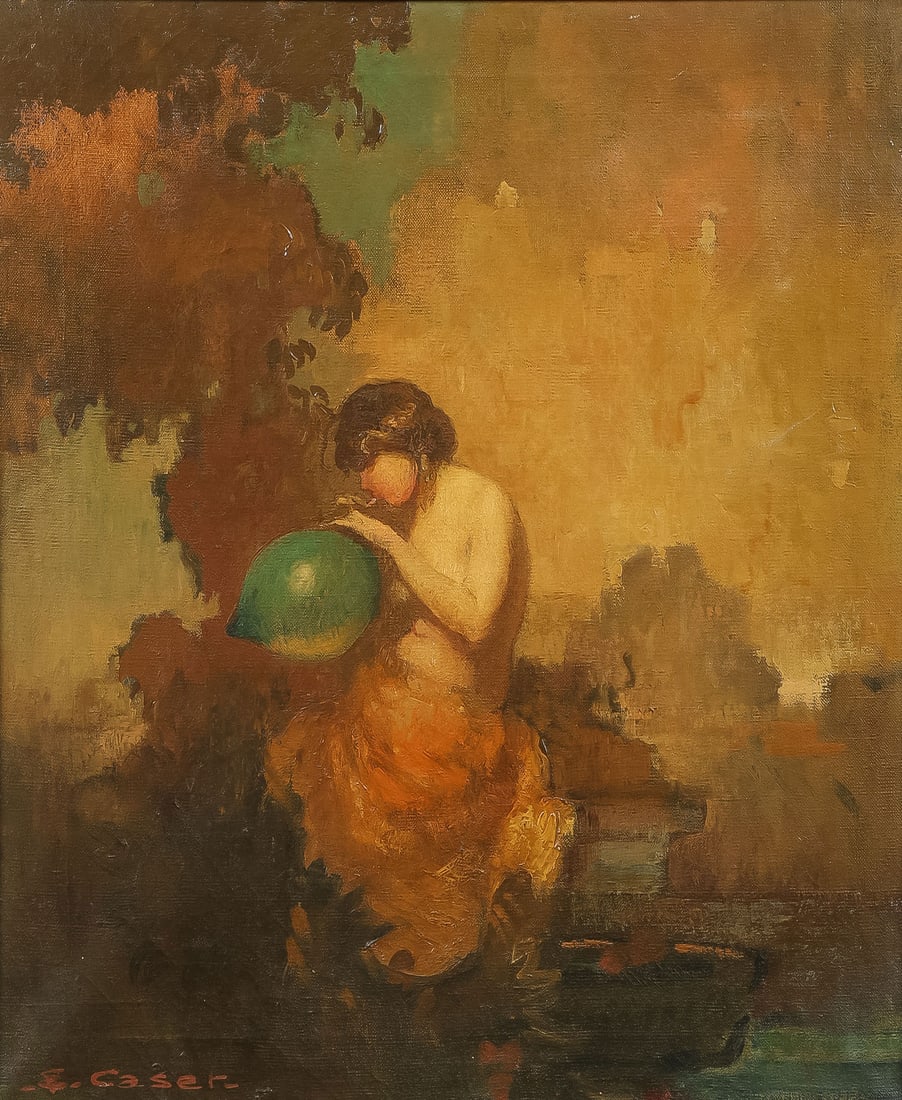 GOOD SIGNED IDYLLIC PAINTING BY ETTORE CASER: ETTORE CASER (American 1890-1944)Blowing Bubbles - circa 1915Oil on canvasSigned lower left E. Caser24.25 x 20.25 inches (61.3 x 51.5cm). Overall, including frame 29 x 25 inches (73.5 x 63.5cm)