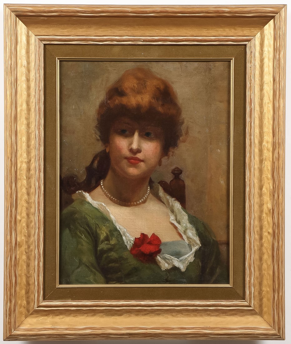19TH CENTURY BRITISH OIL ON CANVAS: BRITISH SCHOOL (19th Century)An Auburn-Haired Beauty with Pearl Necklace Oil on canvasApparently unsigned20 x 15.75 inches (50.3 x 40cm). Overall, including frame 25.5 x 21.5 inches (64.8 x 54.5cm)