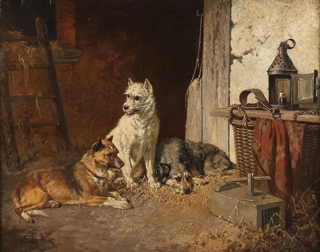 GREAT VINCENT DE VOS DOG PAINTING, 19TH C: VINCENT DE VOS (Belgian 1829-1875)Dogs on Watch Oil on canvasSigned lower left "V. de Vos"23.75 x 29.5 inches (60 x 75cm). Overall, including frame 28.25 x 34.25 inches (71.5 x 87cm)