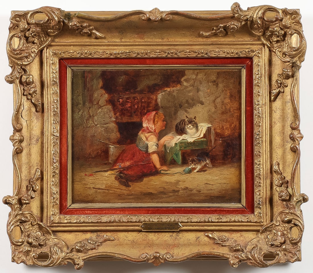 CHARMING 19TH C. BRITISH GENRE PAINTING: GEORGE HEPPER (British 1839-1868)Best Friends -1866Oil on wood panelSigned and dated lower left and indistinctly inscribed on verso8 x 10 inches (20 x 25.5cm). Overall, including frame 15 x 17.25 in