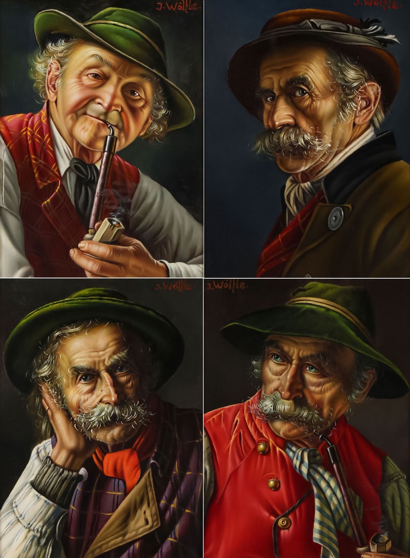 FOUR INGE WOLFLE TYROLEAN PAINTINGS: FOUR INGE WOLFLE TYROLEAN PAINTINGS INGE WOLFLE (German 1928-2015)Four Tyrolean Portraits Each oil on boardEach signed on upper marginEach measuring 5.4 x 4.1 inches (13.5 x 10.5 cm)