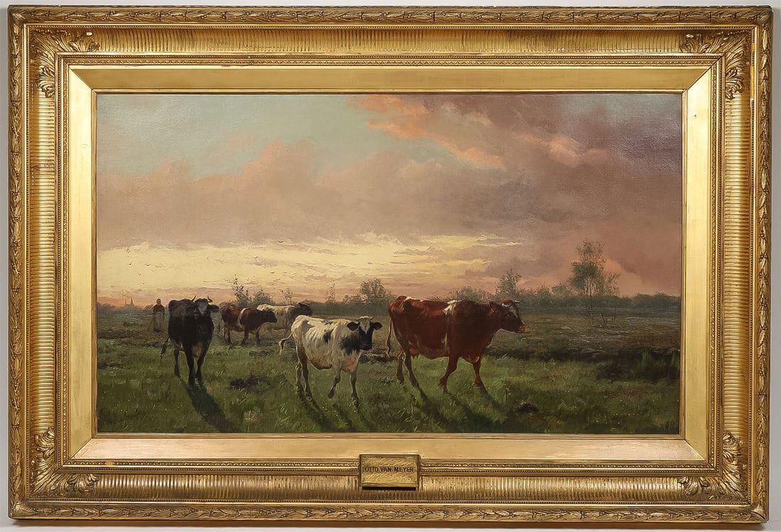 BEAUTIFUL SIGNED SUNRISE LANDSCAPE, C.1890: OTTO VAN MEYER (German/Dutch 19th century)Landscape with Cows at First Light Oil on canvasSigned lower left Otto Van Meyer30 x 50.25 inches (76.2 x 127.5cm). Overall, including original gilt frame 43