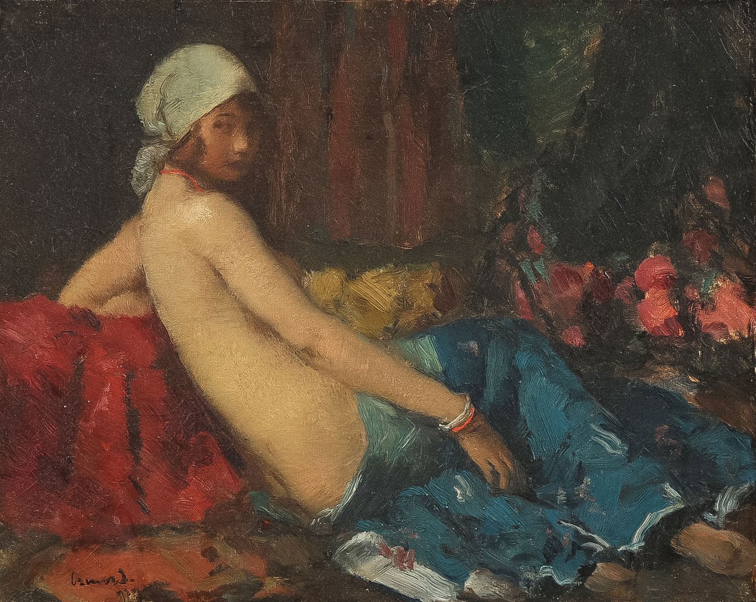 SIGNED & DATED NUDE BY CZENCZ, 1929: JANOS CZENCZ (Hungarian 1885-1960)Reclining Semi Nude -1929Oil on canvasSigned and dated16 x 20 inches (40.5 x 51cm). Overall, including frame 24.5 x 29 inches (62.5 x 73.5cm)SHI