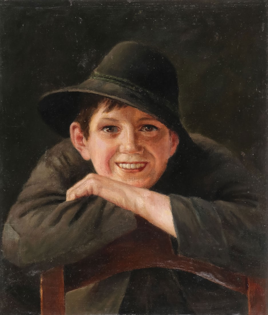 CHARMING 19TH CENTURY CHILD PAINTING: CONTINENTAL SCHOOL (19th century)Happy Young Boy with Hat - possibly an illustrationOil on canvasApparently unsigned19 x 16.25 inches (49 x 41.5cm), unframedSHIPPING NOTICE: