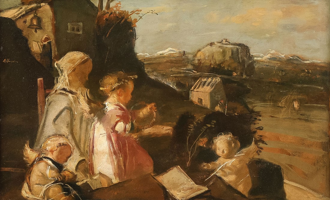 SIGNED IDYLLIC VIRGIN & ANGELS PAINTING: ADOLF HENGELER (German 1863-1927)The Virgin with Adoring Angels Oil on wood panelSigned upper left15 x 24 inches (38 x 61cm). Overall, including frame 19.75 x 28.5 inches (50 x 72.5cm)