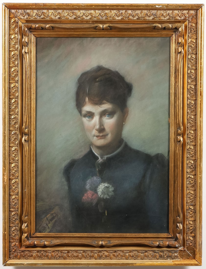 19TH CENTURY PASTEL: FRENCH SCHOOL (19th Century)Young Beauty with Carnation Corsage -1884Pastel on paperSigned indistinguishably lower left and dated 188421.75 inches x 15 inches (55.2 x 38 cm). Overall contained in a