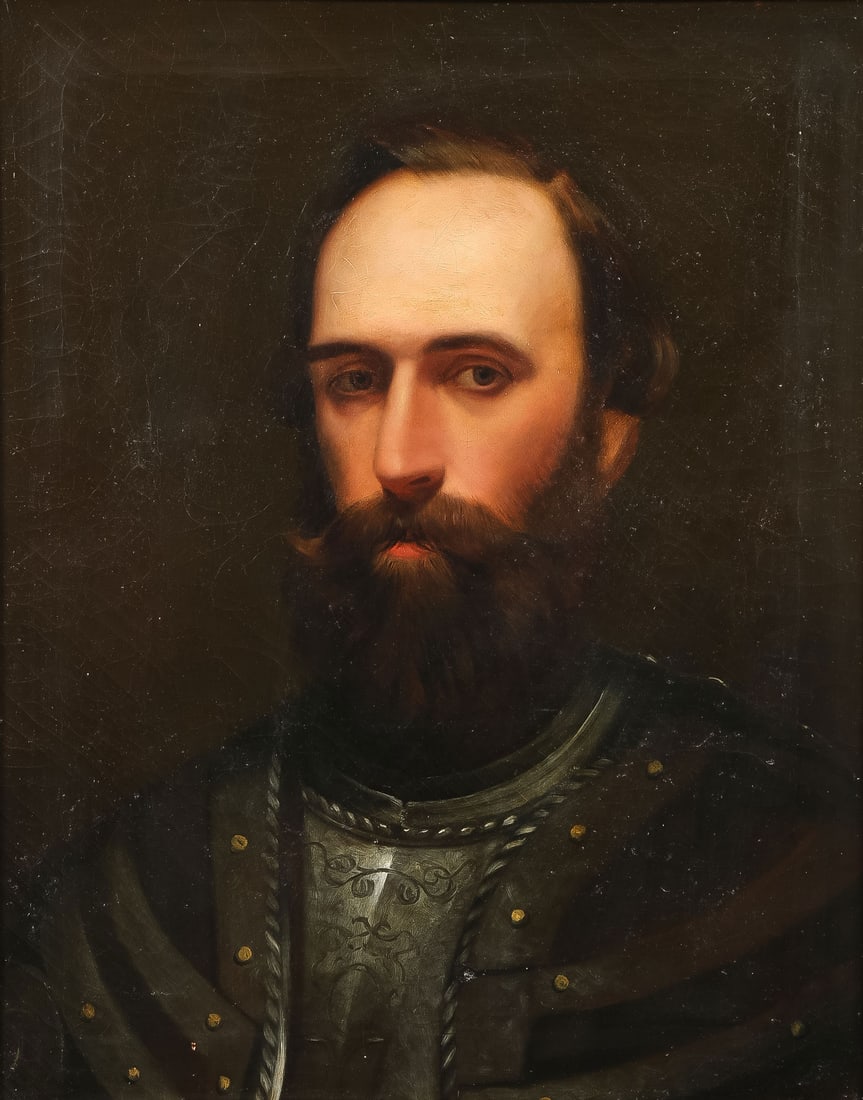 PRE-RAPHELITE OIL PAINTING 19TH CENTURY: BRITISH SCHOOL (19th century)A Bust Portrait of a Bearded Gentleman in Breast Armor - circa 1875Oil on canvasUnsigned, verso with stencil of art supplier Miller & Co. 56 Long Acre London24 x 19.25 i