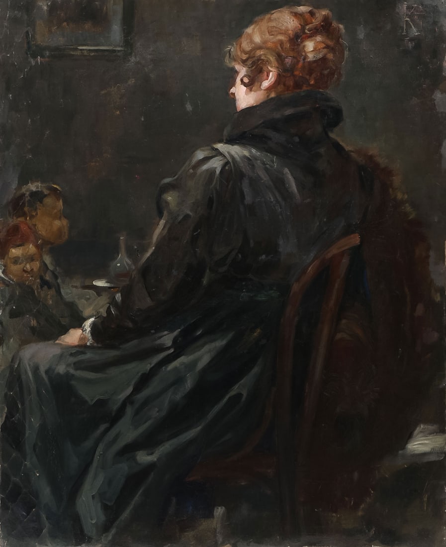 19TH CENTURY EUROPEAN PAINTING, C. 1890: EUROPEAN SCHOOL (19th Century)Woman Seated in an Interior with Children Oil on canvasInitialed "K" upper right39.5 x 32 inches (100 x 81cm), unframedSHIPPING NOTICE: