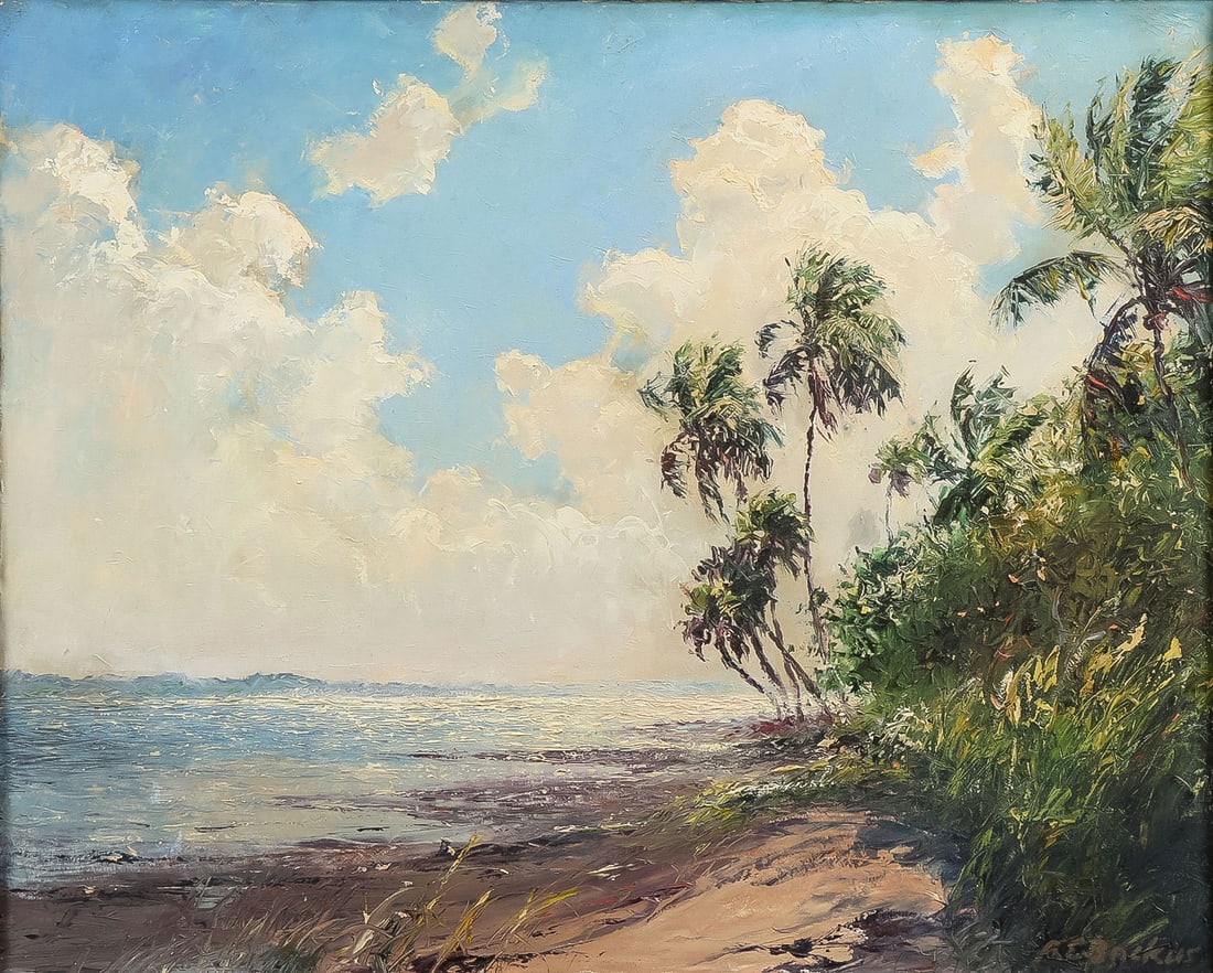 GREAT A.E. BAKUS FLORIDA PAINTING: Albert Ernest (Beanie) Backus (American 1906-1990)Trade Winds and Glimmering Light Oil on canvasSigned lower right "A.E. BAKUS24 x 30 inches. Overall, in original tropical style frame 29.5 x 35.5 inc