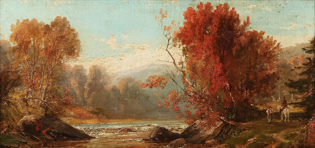 GREAT HUDSON RIVER SCHOOL PAINTING ATTRB CROPSEY: Attributed to JASPER FRANCIS CROPSEY (American 1823-1900)Fall River Landscape with Figures Oil on canvasApparently unsigned12 x 23.25 inches (30 x 59cm). Overall, including press-molded gilt Hudson R