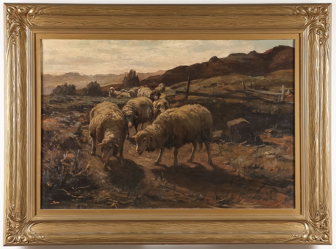 GREAT NEW HAMPSHIRE SIGNED OIL PAINTING: WILLIAM PRESTON PHELPS (American 1848-1917)Sheep Grazing in a New Hampshire Landscape Oil on canvasSigned lower right20 x 30 inches (50.9 x 76.2cm). Overall, including frame 27.75 x 37.75 inches (71