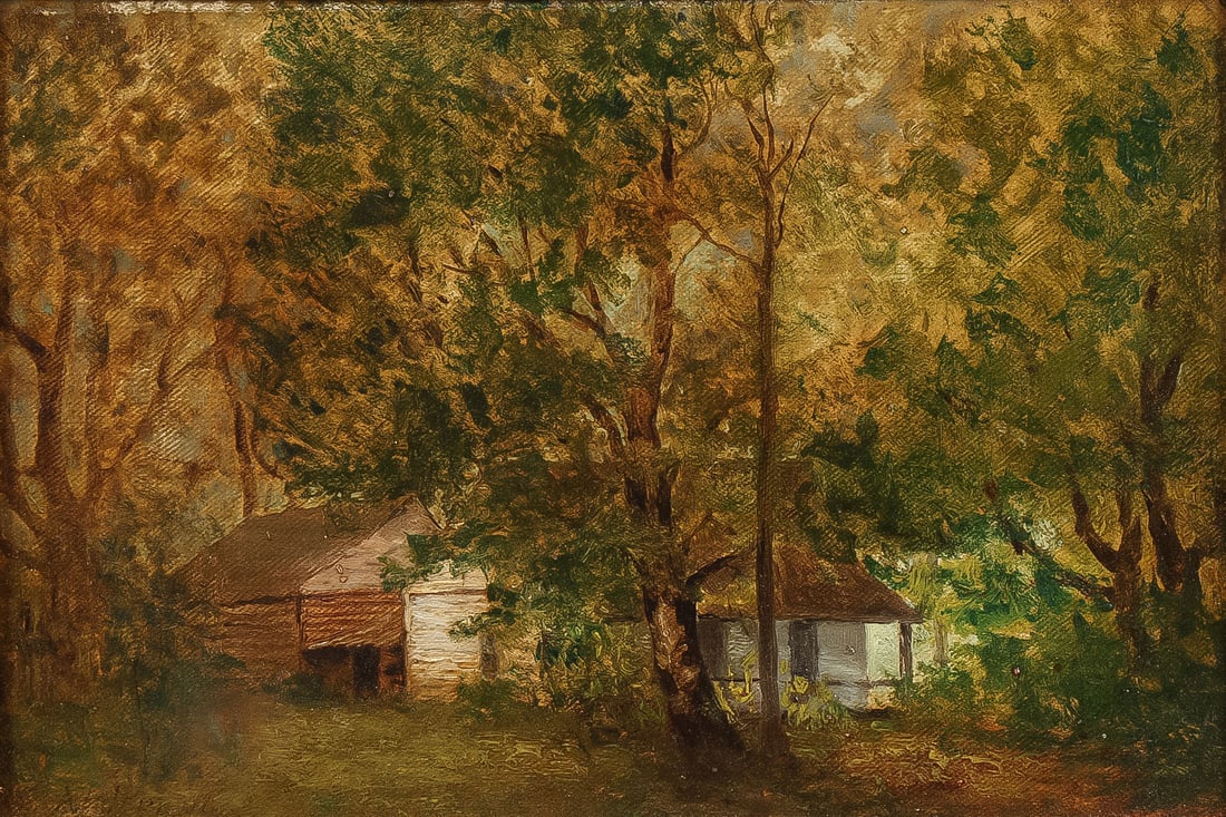 SIGNED CATSKILLS OIL PAINTING, 19TH C: ALEXANDER HELWIG WYANT (American 1836-1892)Cabins in the Catskills Oil on canvasSigned lower left with "A. Wyant" and stretcher inscribed with title8 x 12 inches (20.3 x 30.5cm). Overall, including f