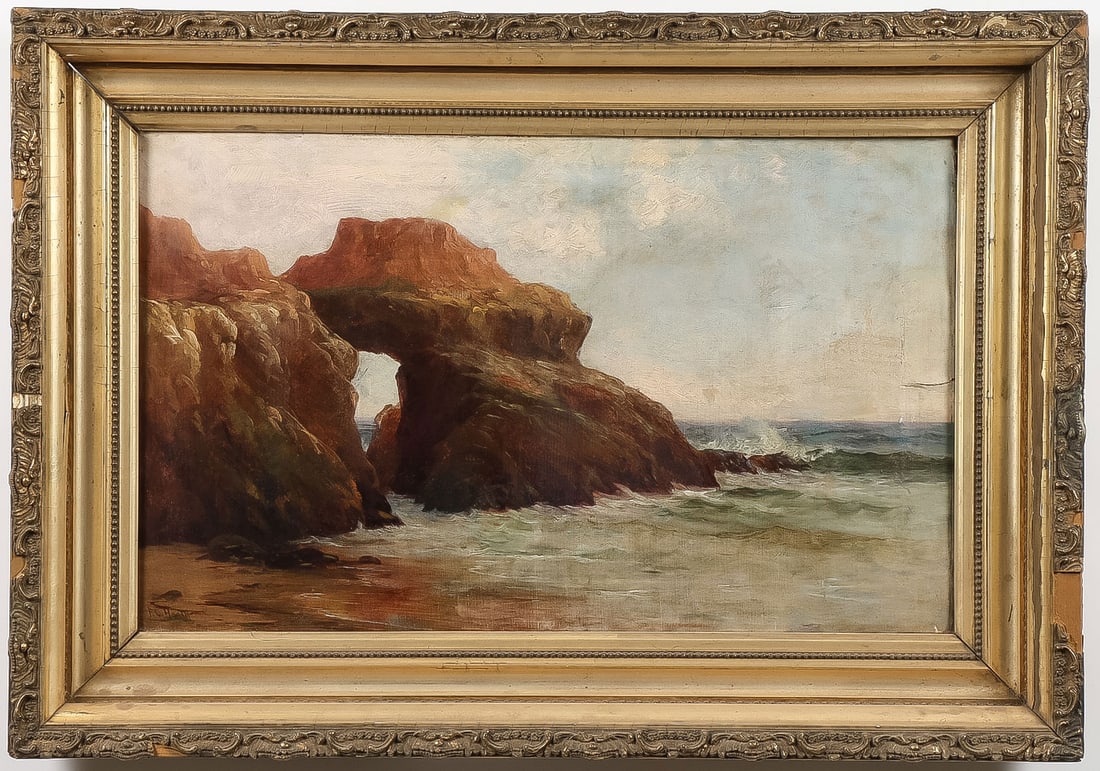 GREAT SIGNED CALIFORNIA PAINTING, C. 1890: FRANK LUCIEN HEATH (American 1857-1921)Castle Point Near Santa Cruz Oil on canvasSigned lower left F.L. Heath and titled on verso16 x 26 inches, unframedSHIPPING NOTICE:<